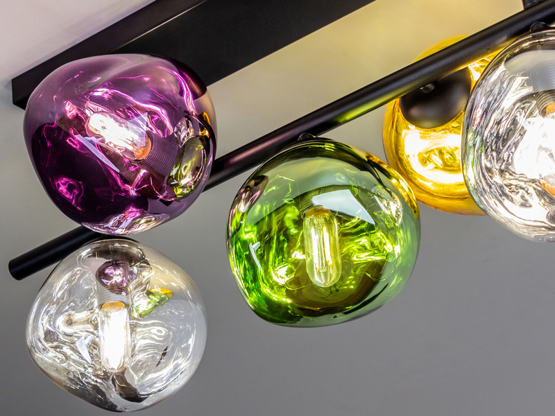 LED Deckenleuchte 5-flammig mit ausgefallenen bunten Glaskugeln, Breite 60cm