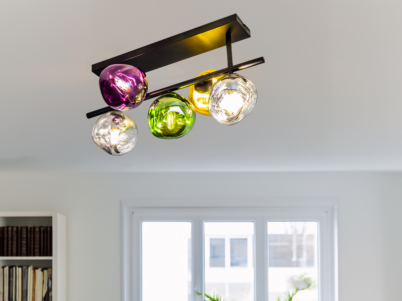 LED Deckenleuchte 5-flammig mit ausgefallenen bunten Glaskugeln, Breite 60cm