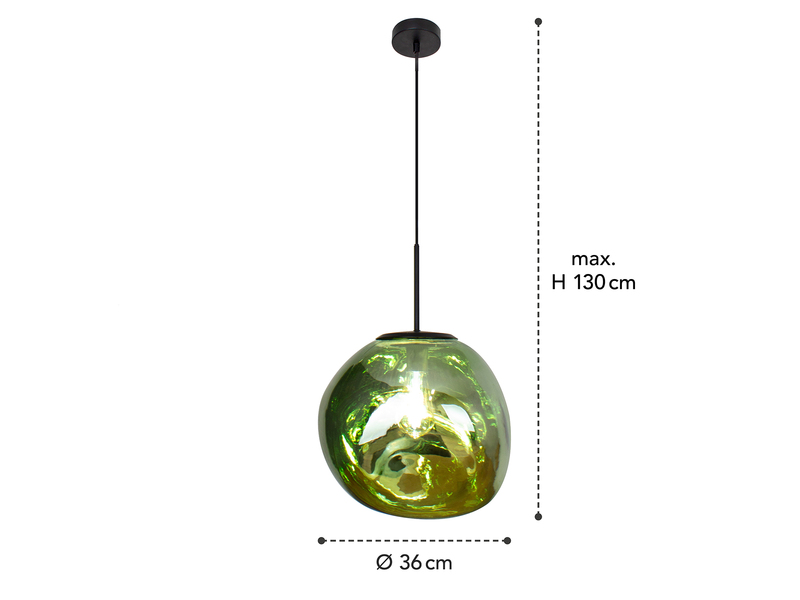 Pendelleuchte CANOPUS einflammig mit ausgefallener Glaskugel in Grün, Ø 36cm