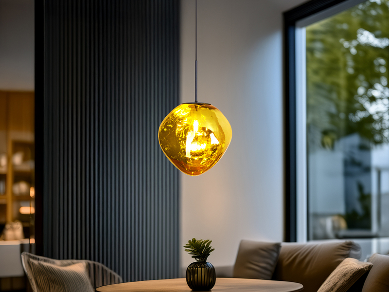LED Pendelleuchte einflammig mit ausgefallener Glaskugel in Gelbgold, Ø 28cm