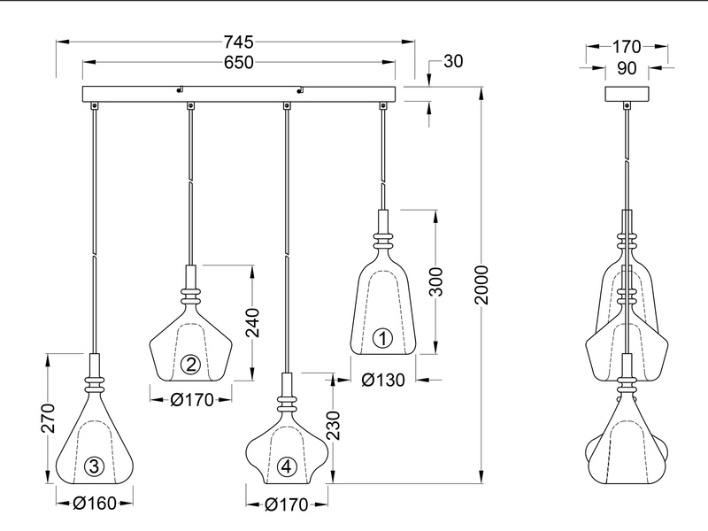 Pendelleuchte ALDEA 4-flammig mit Glas Bernstein & Chrom verspiegelt, B: 74,5 cm