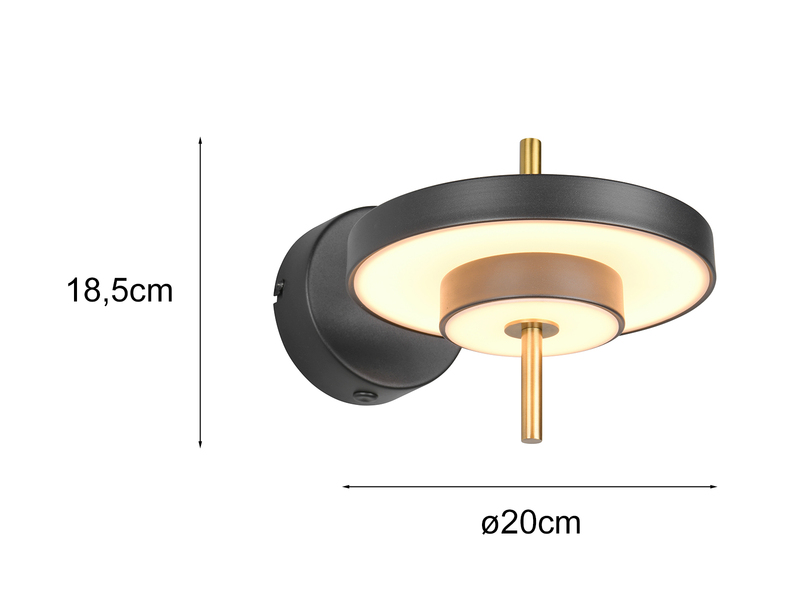 Dimmbare LED Wandleuchte KEATON im modernen Design, Schwarz Gold, Höhe 18,5cm