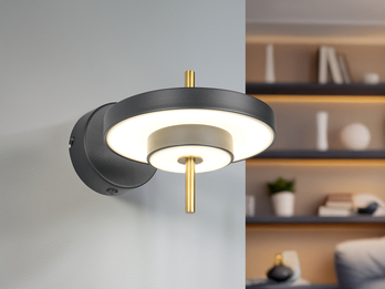 Dimmbare LED Wandleuchte KEATON im modernen Design, Schwarz Gold, Höhe 18,5cm