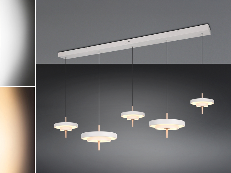 Große moderne LED Pendelleuchte KEATON 5-flammig, Hellgrau Breite 140cm