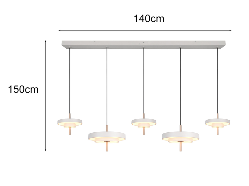 Große moderne LED Pendelleuchte KEATON 5-flammig, Hellgrau Breite 140cm