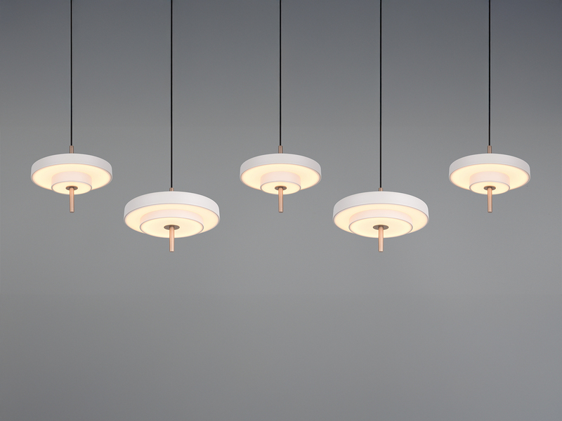 Große moderne LED Pendelleuchte KEATON 5-flammig, Hellgrau Breite 140cm