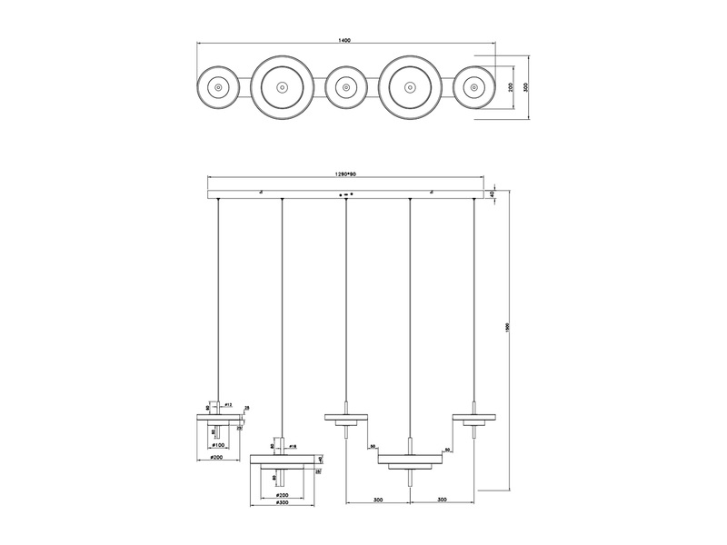 Große moderne LED Pendelleuchte KEATON 5-flammig, Hellgrau Breite 140cm
