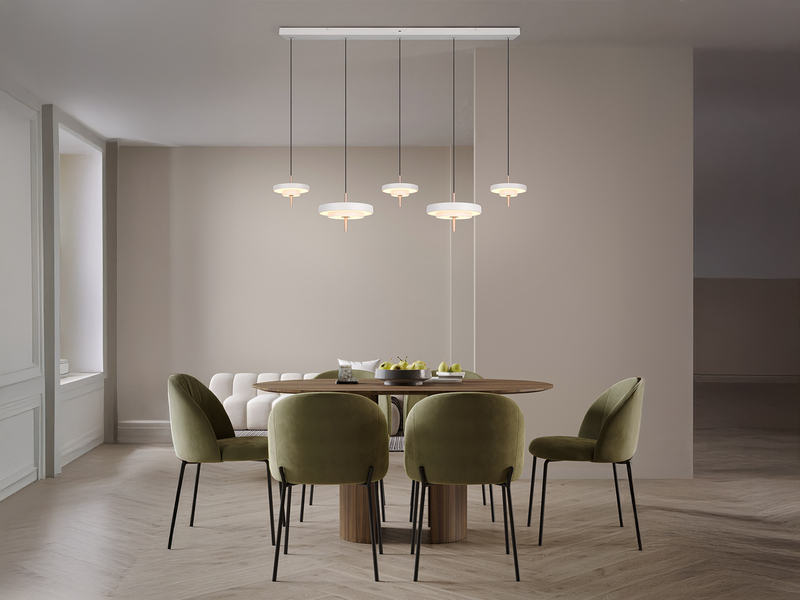 Große moderne LED Pendelleuchte KEATON 5-flammig, Hellgrau Breite 140cm