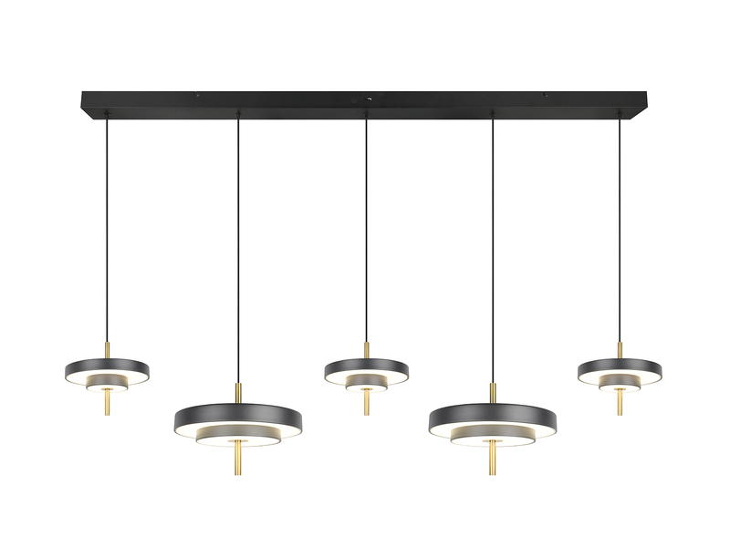 Große moderne LED Pendelleuchte KEATON 5-flammig, Schwarz Gold, Breite 140cm