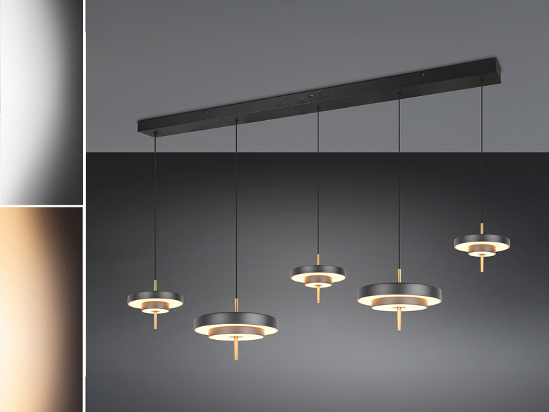 Große moderne LED Pendelleuchte KEATON 5-flammig, Schwarz Gold, Breite 140cm
