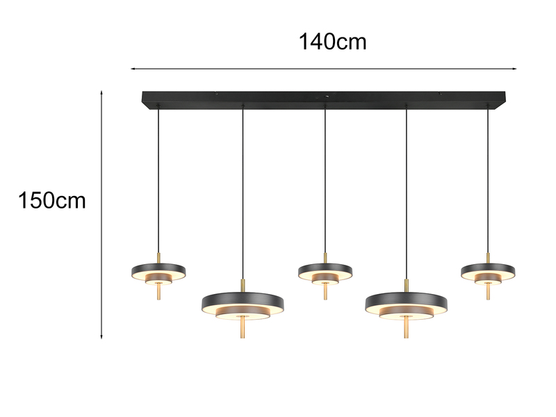 Große moderne LED Pendelleuchte KEATON 5-flammig, Schwarz Gold, Breite 140cm
