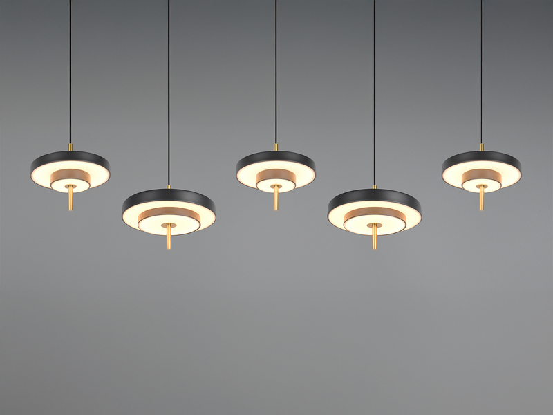 Große moderne LED Pendelleuchte KEATON 5-flammig, Schwarz Gold, Breite 140cm