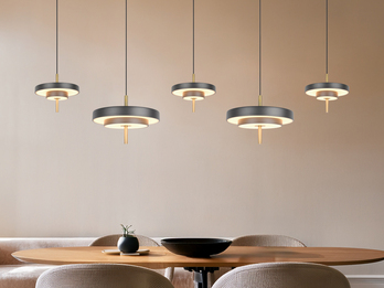 Große moderne LED Pendelleuchte KEATON 5-flammig, Schwarz Gold, Breite 140cm