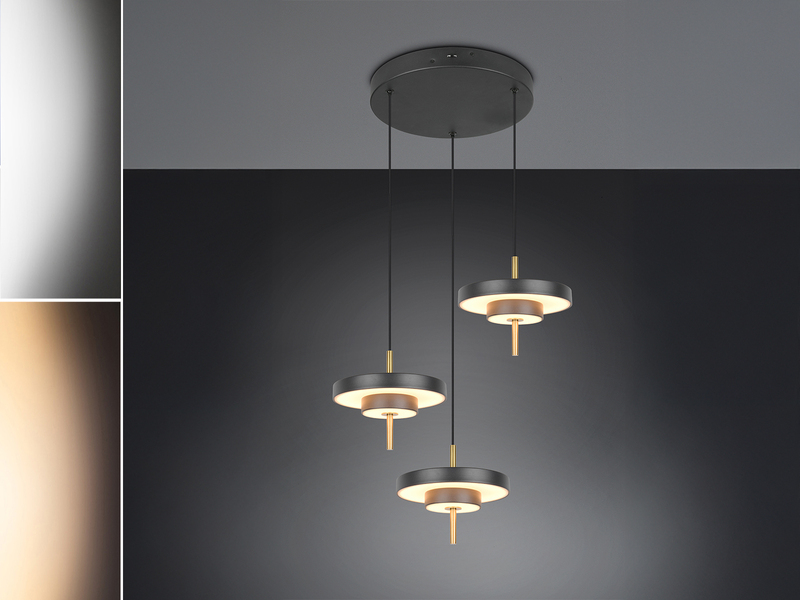 Moderne dimmbare LED Pendelleuchte KEATON 3-flammig, Schwarz Gold Ø 45cm
