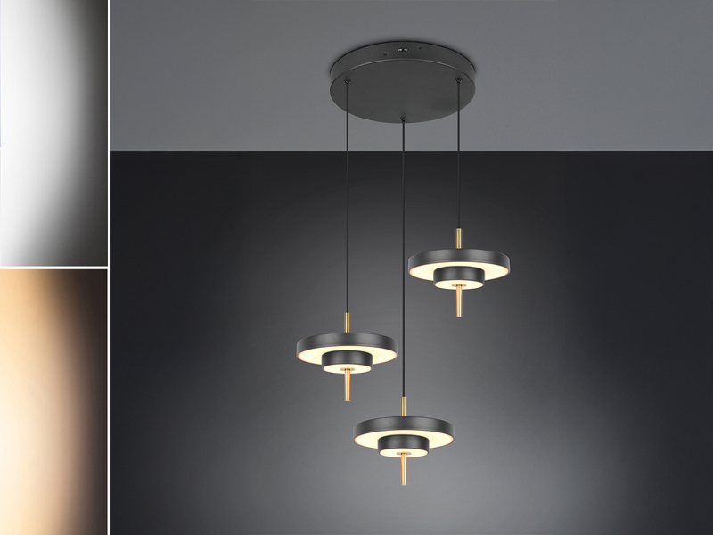 Moderne dimmbare LED Pendelleuchte KEATON 3-flammig, Schwarz Gold Ø 45cm