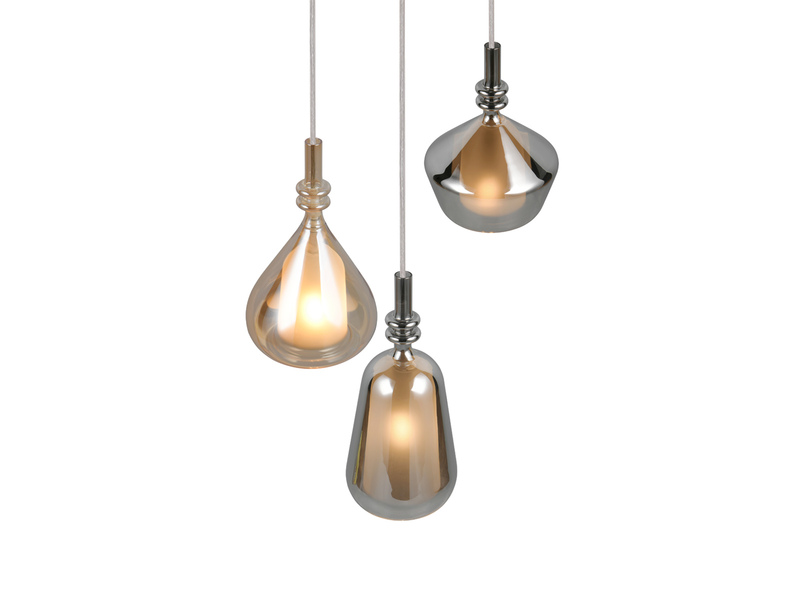 Cluster Pendelleuchte ALDEA 3-flammig Glas Bernstein & Chrom verspiegelt, Ø 35cm