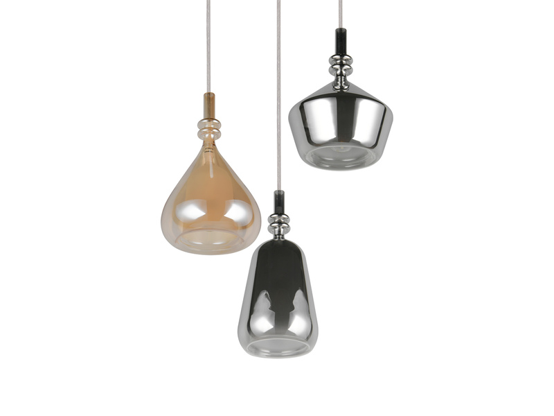 Cluster Pendelleuchte ALDEA 3-flammig Glas Bernstein & Chrom verspiegelt, Ø 35cm