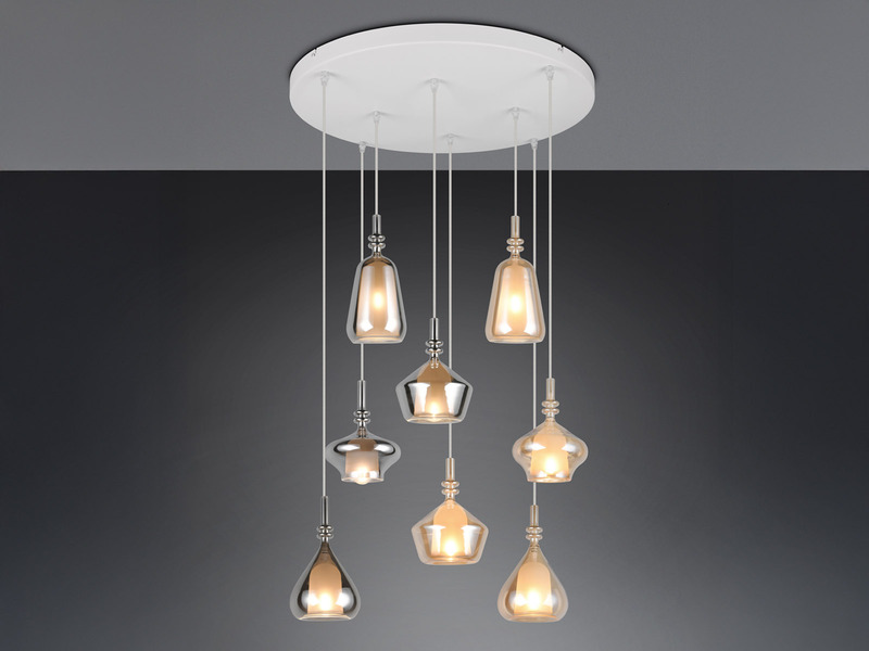 Cluster Pendelleuchte ALDEA 8-flammig Glas Bernstein & Chrom verspiegelt, Ø 72cm