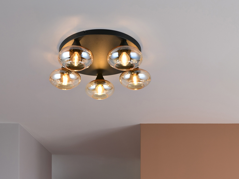 Deckenleuchte DIVINA rund mit 5 Glas Lampenschirmen Bernsteinfarbig, Ø 49cm
