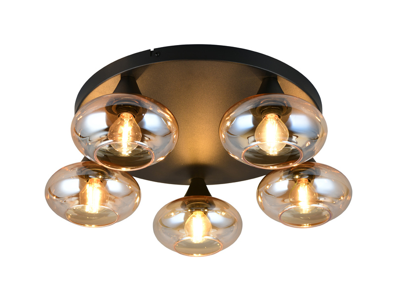 Deckenleuchte DIVINA rund mit 5 Glas Lampenschirmen Bernsteinfarbig, Ø 49cm