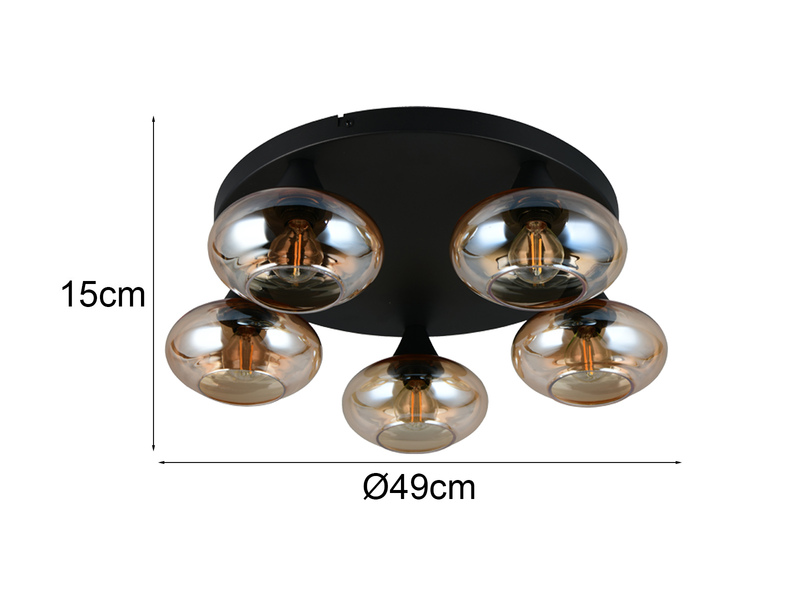 Deckenleuchte DIVINA rund mit 5 Glas Lampenschirmen Bernsteinfarbig, Ø 49cm