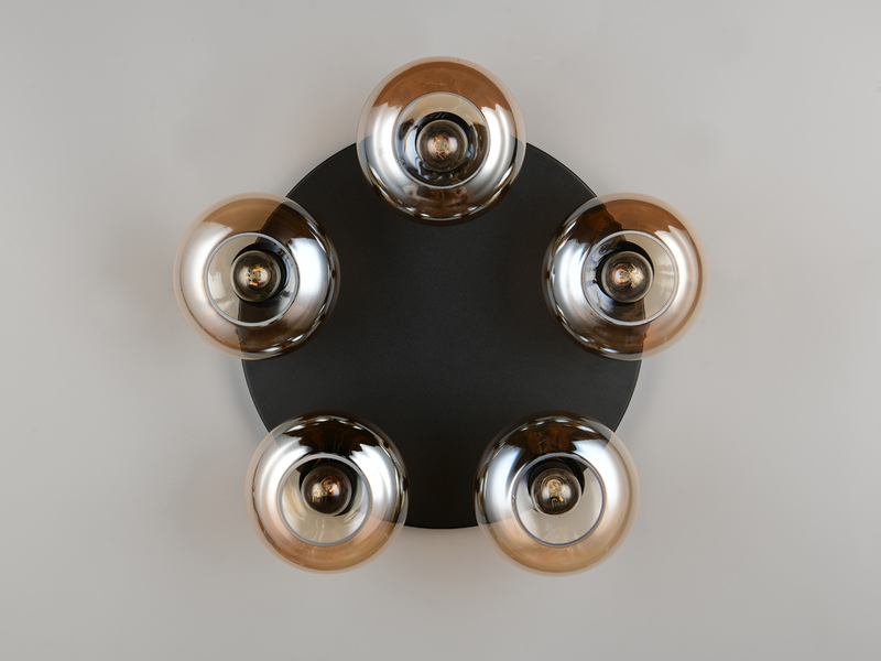 Deckenleuchte DIVINA rund mit 5 Glas Lampenschirmen Bernsteinfarbig, Ø 49cm