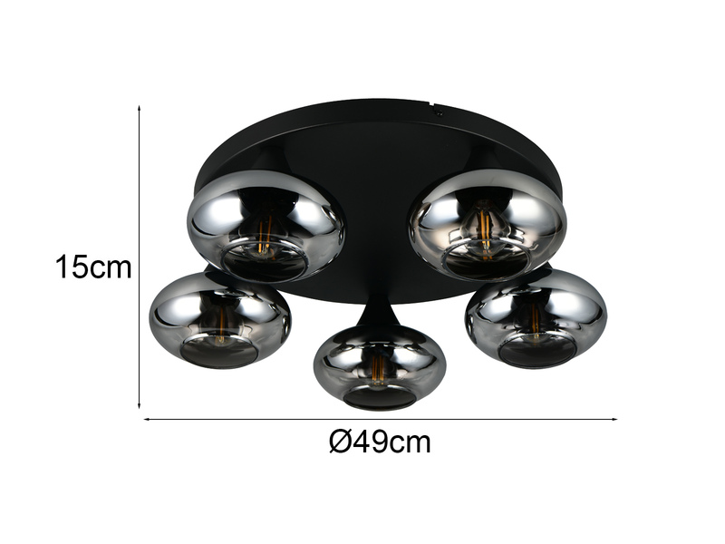 Deckenleuchte DIVINA rund mit 5 Rauchglas Lampenschirmen, Ø 49cm
