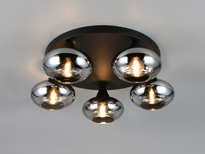 Deckenleuchte DIVINA rund mit 5 Rauchglas Lampenschirmen, Ø 49cm