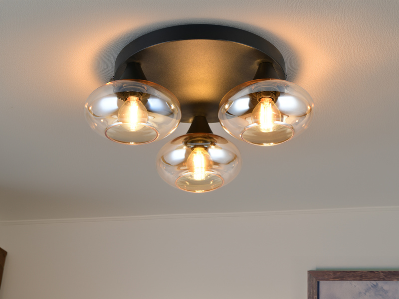 LED Deckenleuchte rund mit 3 Glas Lampenschirmen Bernsteinfarbig, Ø 39cm