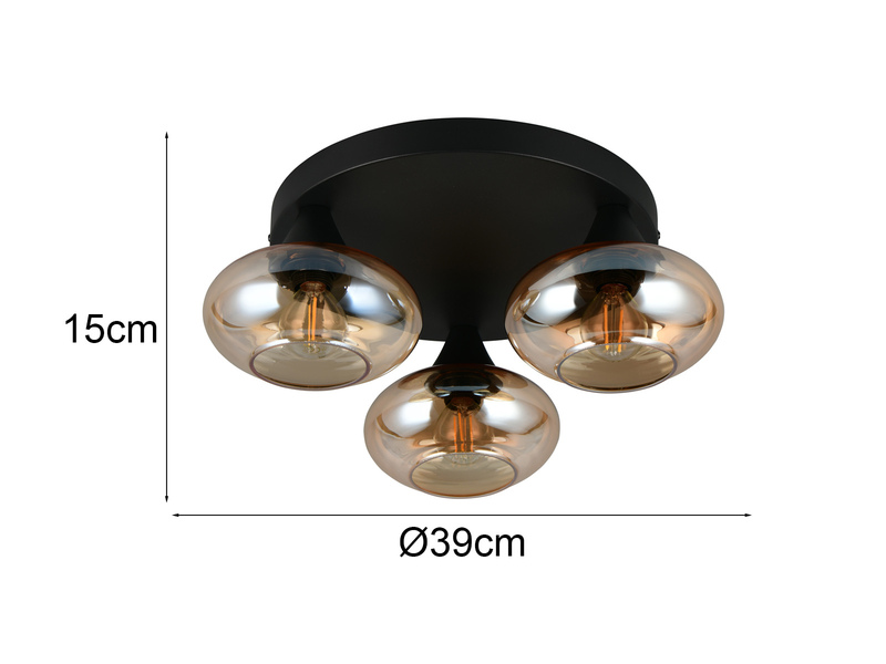 LED Deckenleuchte rund mit 3 Glas Lampenschirmen Bernsteinfarbig, Ø 39cm