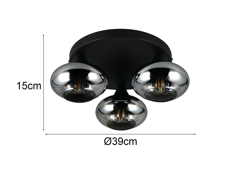 LED Deckenleuchte rund mit 3 Rauchglas Lampenschirmen, Ø 39cm