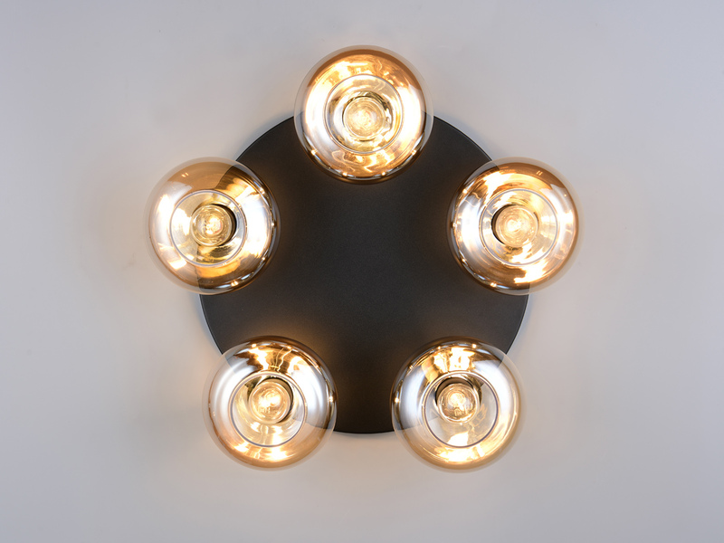 LED Deckenleuchte rund mit 5 Glas Lampenschirmen Bernsteinfarbig, Ø 49cm