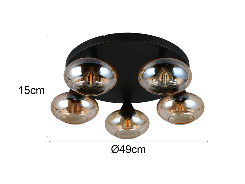 LED Deckenleuchte rund mit 5 Glas Lampenschirmen Bernsteinfarbig, Ø 49cm