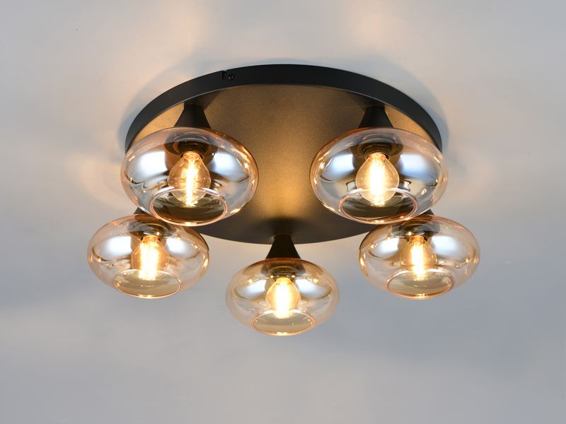 LED Deckenleuchte rund mit 5 Glas Lampenschirmen Bernsteinfarbig, Ø 49cm