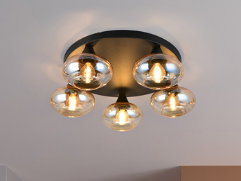 LED Deckenleuchte rund mit 5 Glas Lampenschirmen Bernsteinfarbig, Ø 49cm