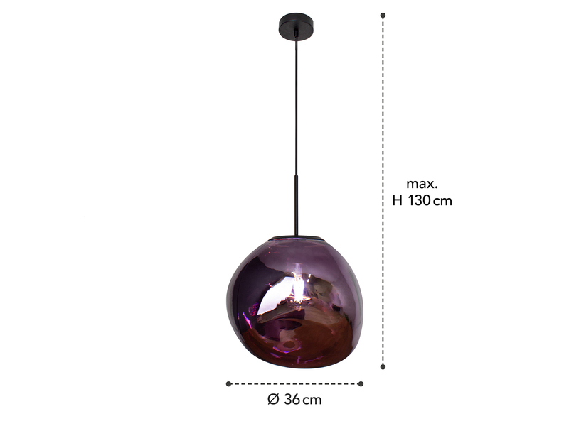 Pendelleuchte CANOPUS einflammig mit ausgefallener Glaskugel in Violett, Ø 36cm
