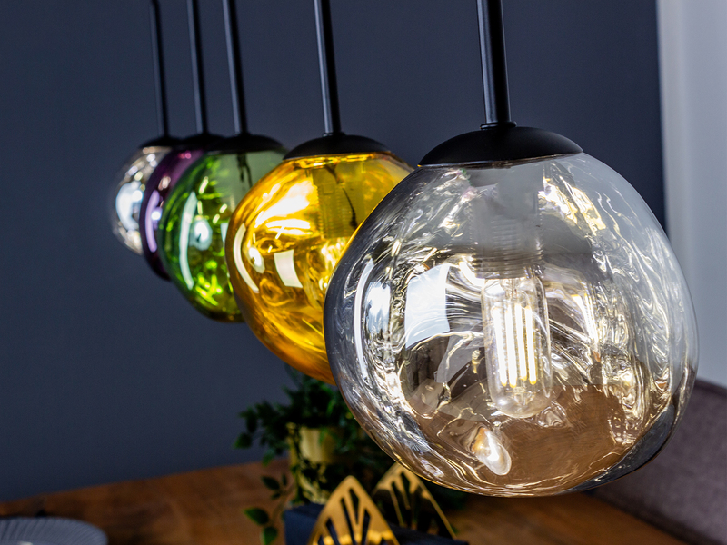 LED Pendelleuchte mehrflammig ausgefallene bunte Glaskugeln, Breite 115cm