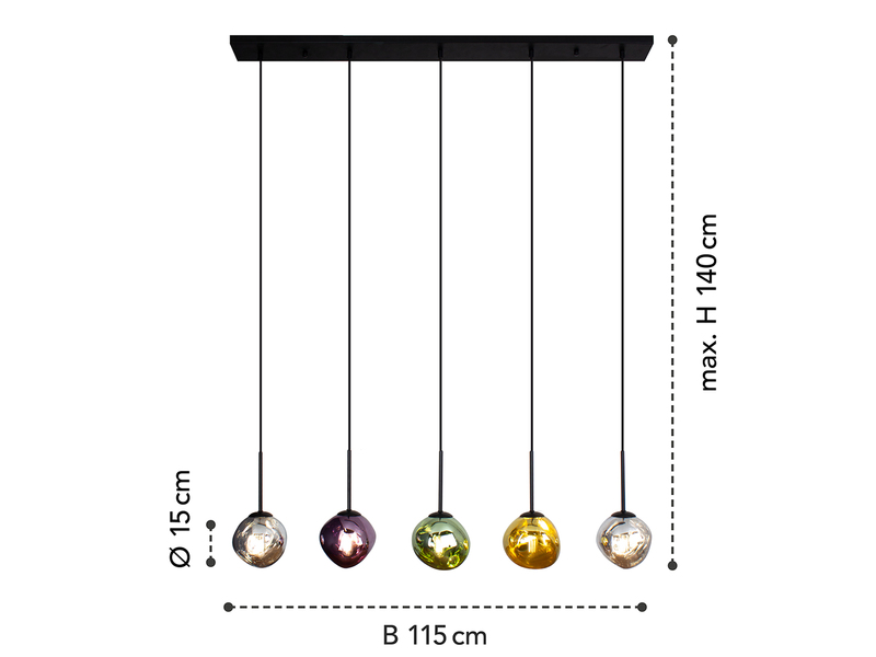 LED Pendelleuchte mehrflammig ausgefallene bunte Glaskugeln, Breite 115cm