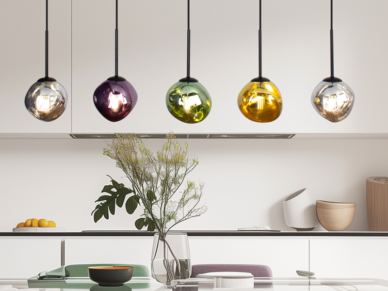 LED Pendelleuchte mehrflammig ausgefallene bunte Glaskugeln, Breite 115cm