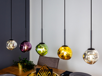 LED Pendelleuchte mehrflammig ausgefallene bunte Glaskugeln, Breite 115cm