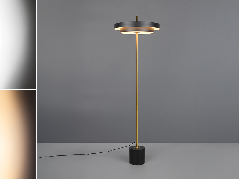 Dimmbare LED Stehlampe KEATON im modernen Design, Schwarz Gold, Höhe 138cm