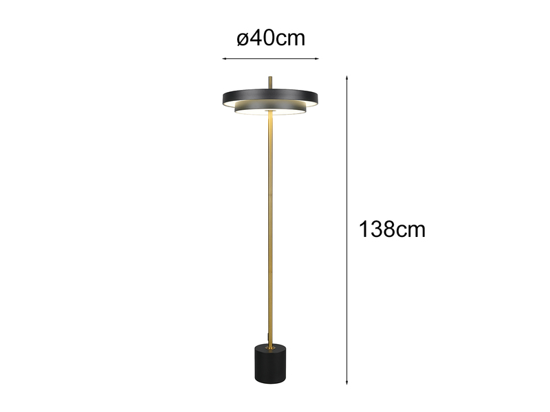 Dimmbare LED Stehlampe KEATON im modernen Design, Schwarz Gold, Höhe 138cm