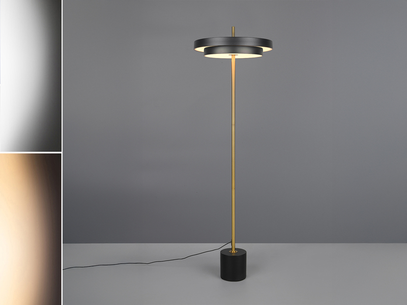 Dimmbare LED Stehlampe KEATON im modernen Design, Schwarz Gold, Höhe 138cm