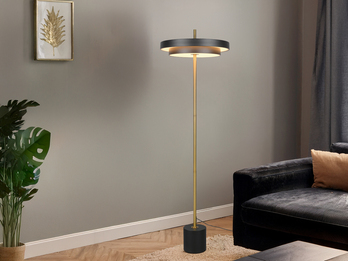Dimmbare LED Stehlampe KEATON im modernen Design, Schwarz Gold, Höhe 138cm