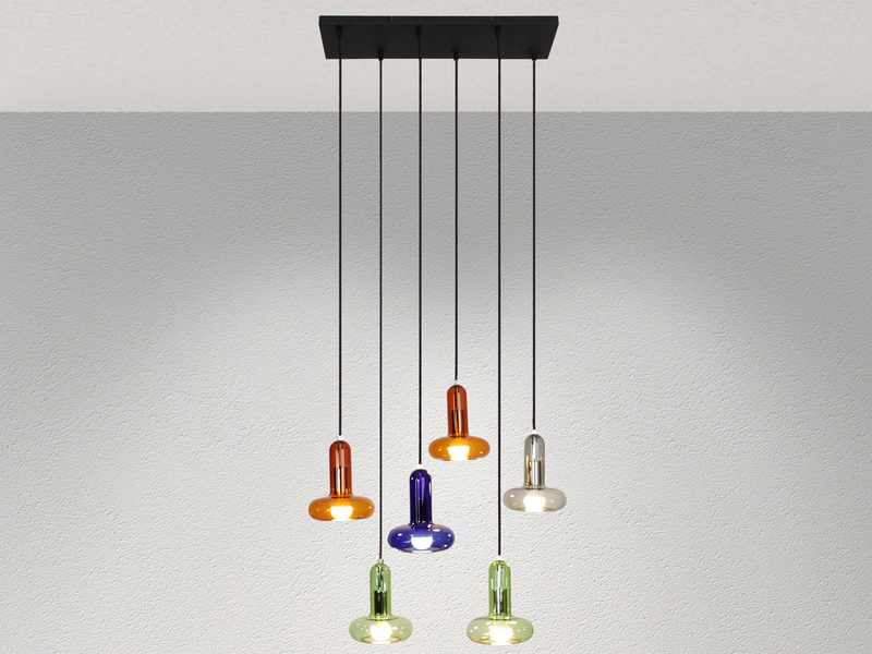 Pendelleuchte PERSEUS mehrflammig ausgefallene bunte Glasschirme, Breite 60cm