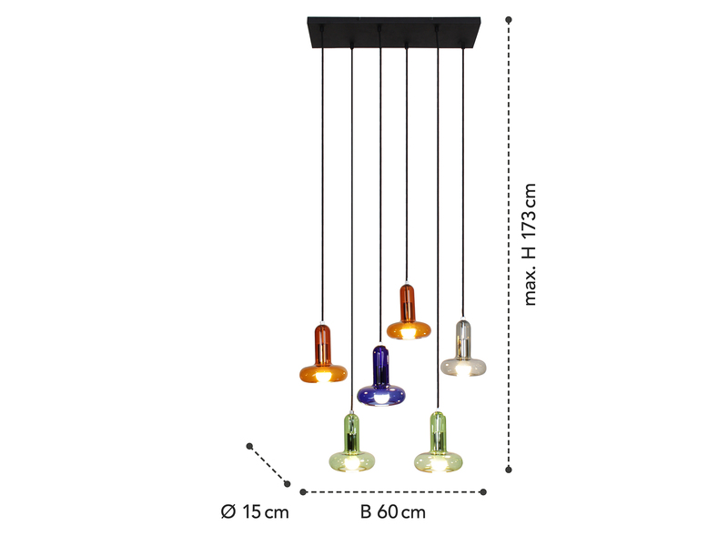 Pendelleuchte PERSEUS mehrflammig ausgefallene bunte Glasschirme, Breite 60cm