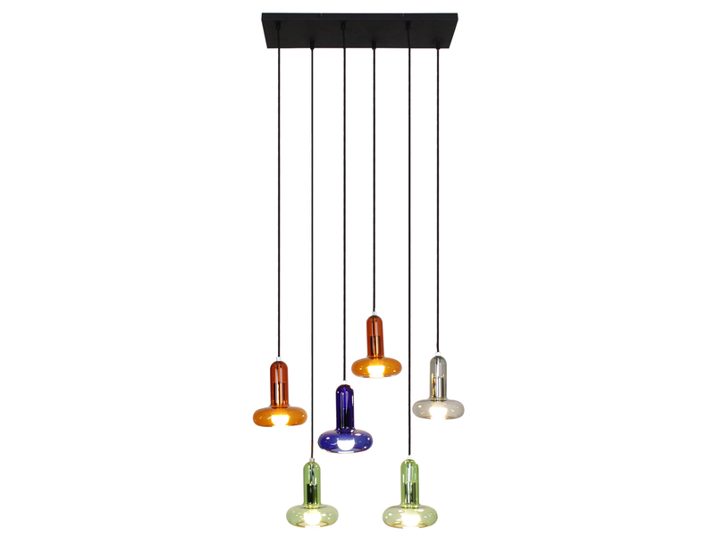 Pendelleuchte PERSEUS mehrflammig ausgefallene bunte Glasschirme, Breite 60cm