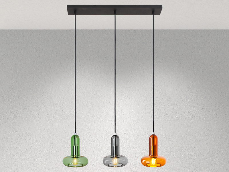 Pendelleuchte PERSEUS 3-flammig ausgefallene bunte Glasschirme, Breite 65cm