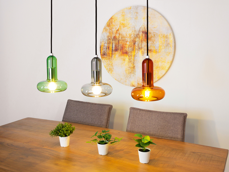 Pendelleuchte PERSEUS 3-flammig ausgefallene bunte Glasschirme, Breite 65cm