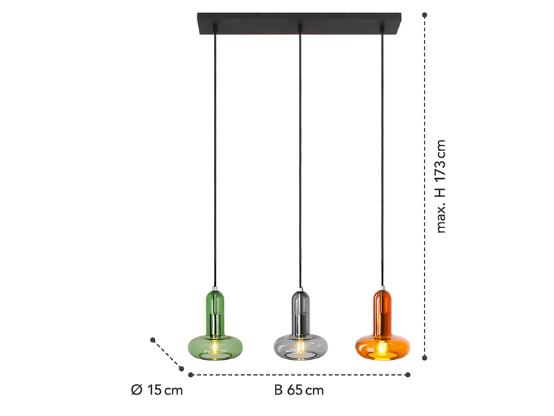 Pendelleuchte PERSEUS 3-flammig ausgefallene bunte Glasschirme, Breite 65cm